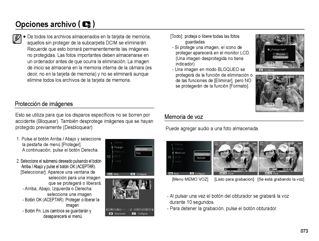 Samsung EC-PL60ZSBP/E1, EC-PL60ZPBP/E1 Protección de imágenes, Memoria de voz, Puede agregar audio a una foto almacenada 