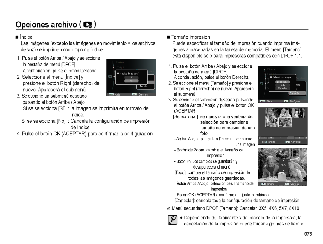 Samsung EC-PL60ZPBP/E1 La pestaña de menú Dpof, Seleccione el menú Índice y, Nuevo. Aparecerá el submenú, Tamaño impresión 