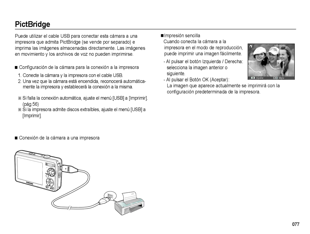 Samsung EC-PL60ZSBP/E1 manual PictBridge, Al pulsar el Botón OK Aceptar, Configuración predeterminada de la impresora 