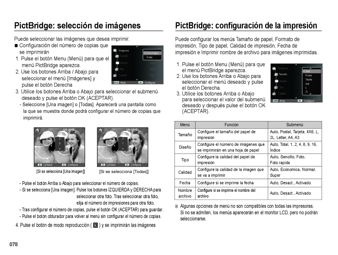 Samsung EC-PL60ZABP/E1 PictBridge selección de imágenes, El menú PictBridge aparezca, Utilice los botones Arriba o Abajo 