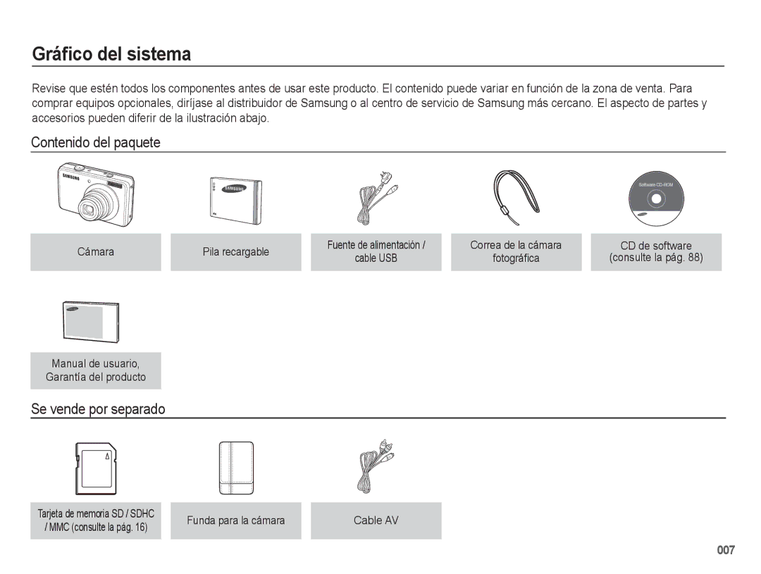 Samsung EC-PL60ZPBP/E1, EC-PL60ZBBP/E1, EC-PL60ZSBP/E1 Gráfico del sistema, Contenido del paquete, Se vende por separado 