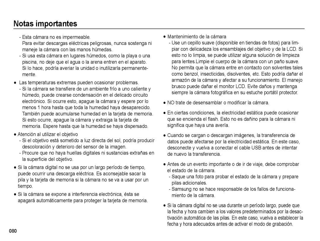 Samsung EC-PL60ZBBP/E1 manual Esta cámara no es impermeable, Atención al utilizar el objetivo, Mantenimiento de la cámara 