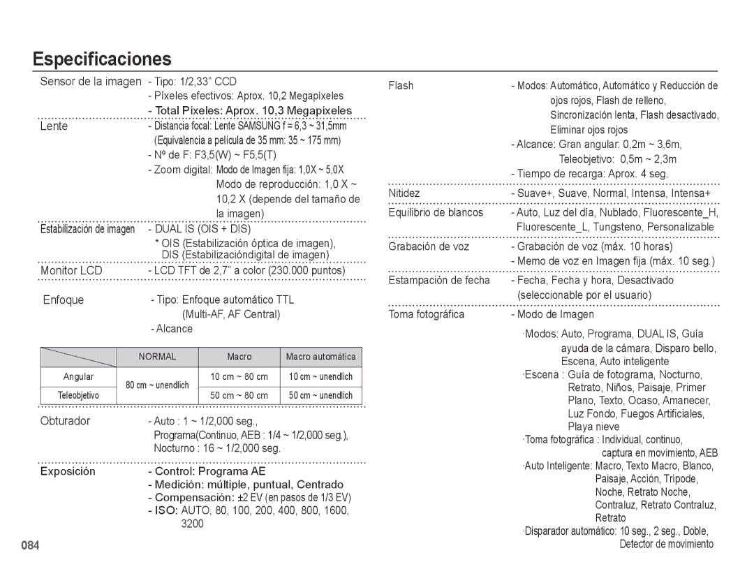 Samsung EC-PL60ZBBP/E1, EC-PL60ZPBP/E1 manual Especificaciones, Sensor de la imagen Tipo 1/2,33 CCD, Lente, Enfoque 