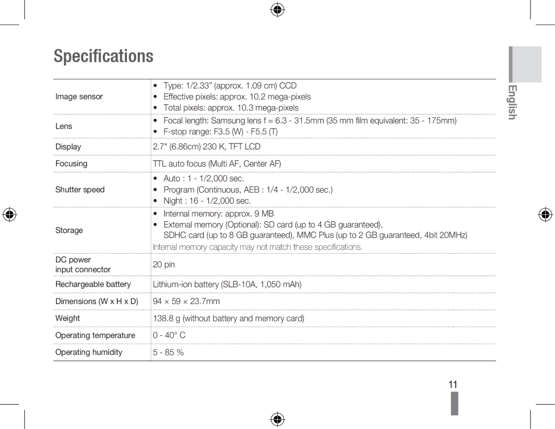 Samsung EC-PL60ZBBP/E1, EC-PL60ZPBP/FR, EC-PL60ZBBP/FR, EC-PL60ZSBP/FR, EC-PL60ZABP/FR, EC-PL60ZOBP/FR manual Specifications 