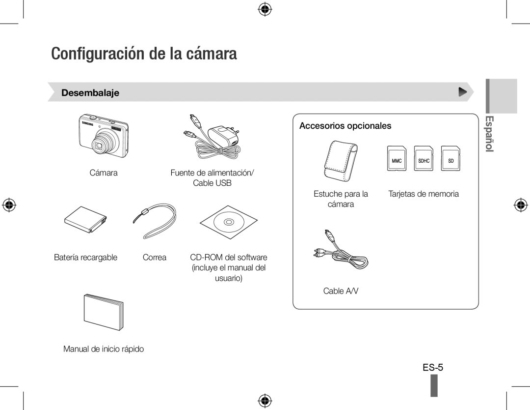 Samsung EC-PL60ZEBP/SA, EC-PL60ZPBP/FR, EC-PL60ZBBP/FR manual Configuración de la cámara, Desembalaje, Accesorios opcionales 