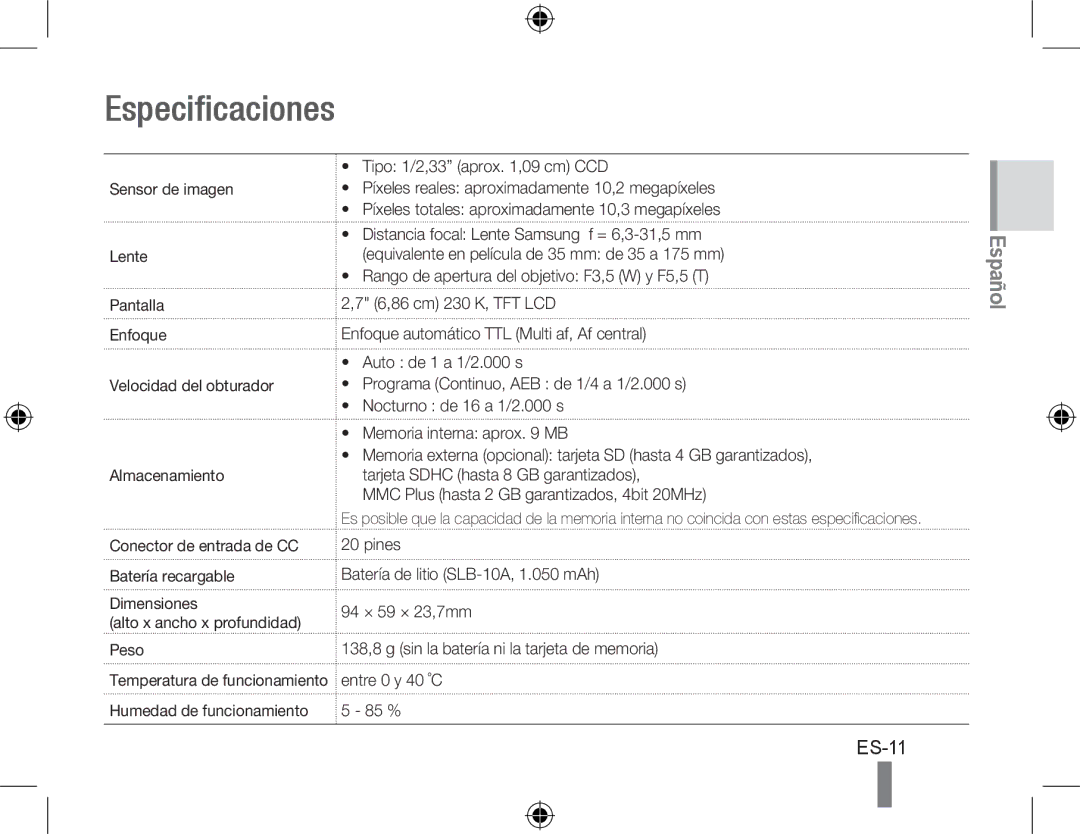 Samsung EC-PL60ZSDP/ME, EC-PL60ZPBP/FR, EC-PL60ZBBP/FR, EC-PL60ZSBP/FR, EC-PL60ZABP/FR, EC-PL60ZOBP/FR manual Especificaciones 