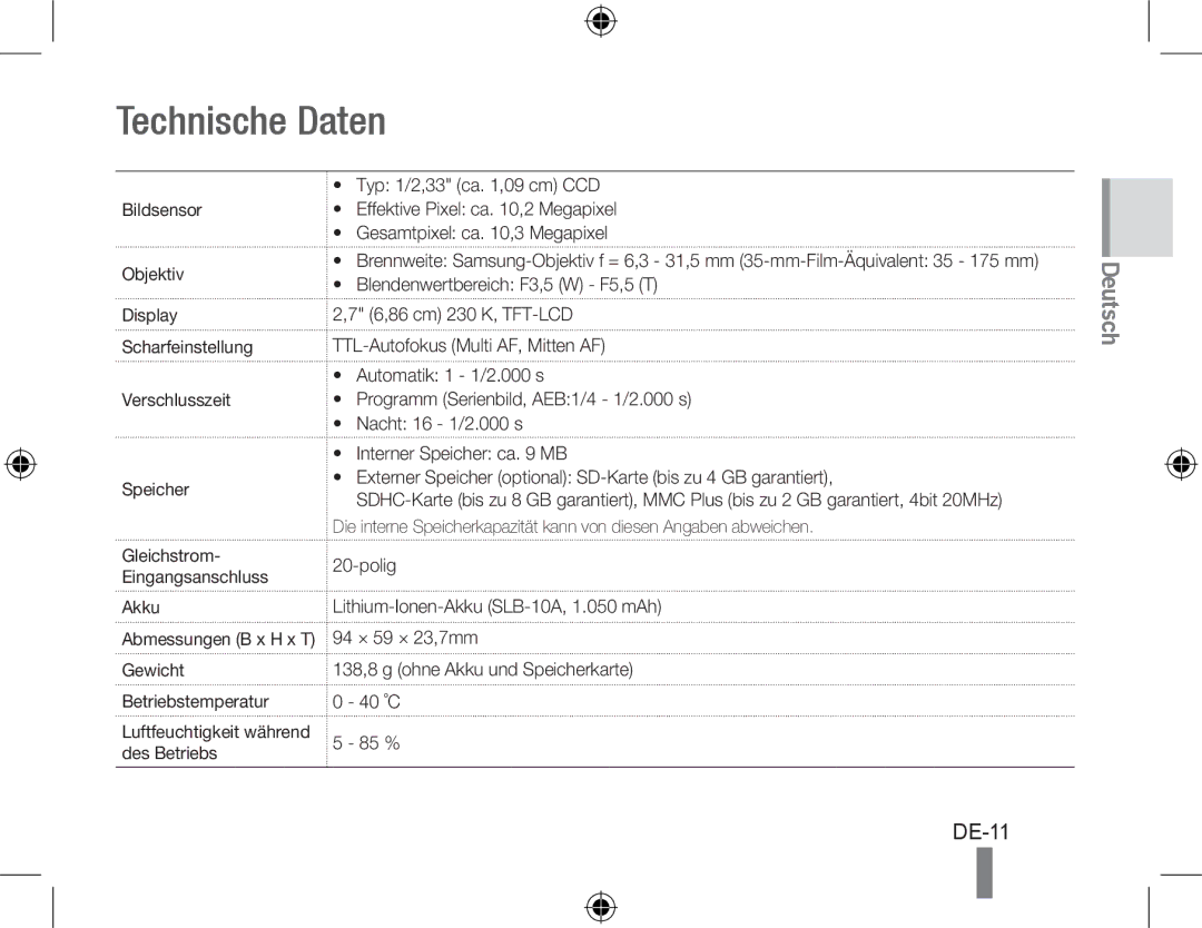 Samsung EC-PL60ZSDP/ME, EC-PL60ZPBP/FR, EC-PL60ZBBP/FR, EC-PL60ZSBP/FR, EC-PL60ZABP/FR, EC-PL60ZOBP/FR manual Technische Daten 