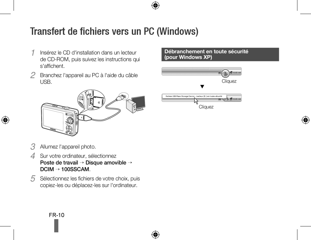 Samsung EC-PL60ZABP/VN manual Transfert de fichiers vers un PC Windows, Débranchement en toute sécurité pour Windows XP 