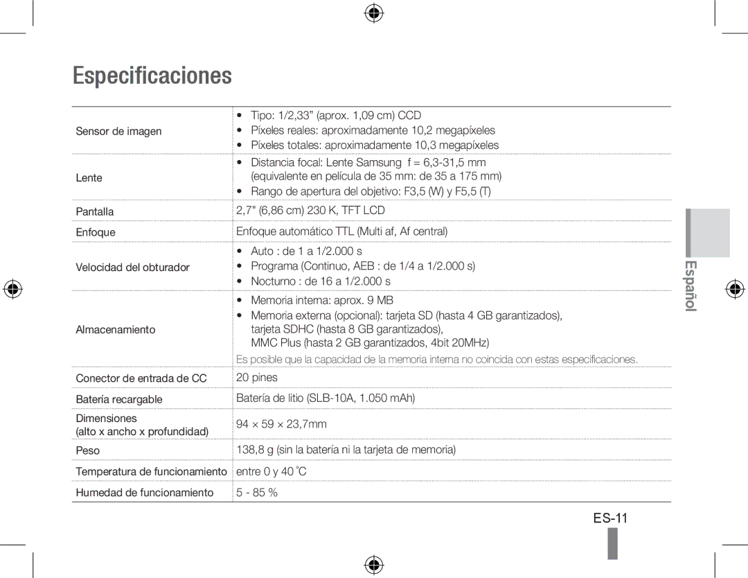 Samsung EC-PL60ZPBP/RU, EC-PL60ZPBP/FR, EC-PL60ZBBP/FR, EC-PL60ZSBP/FR, EC-PL60ZABP/FR, EC-PL60ZOBP/FR manual Especificaciones 