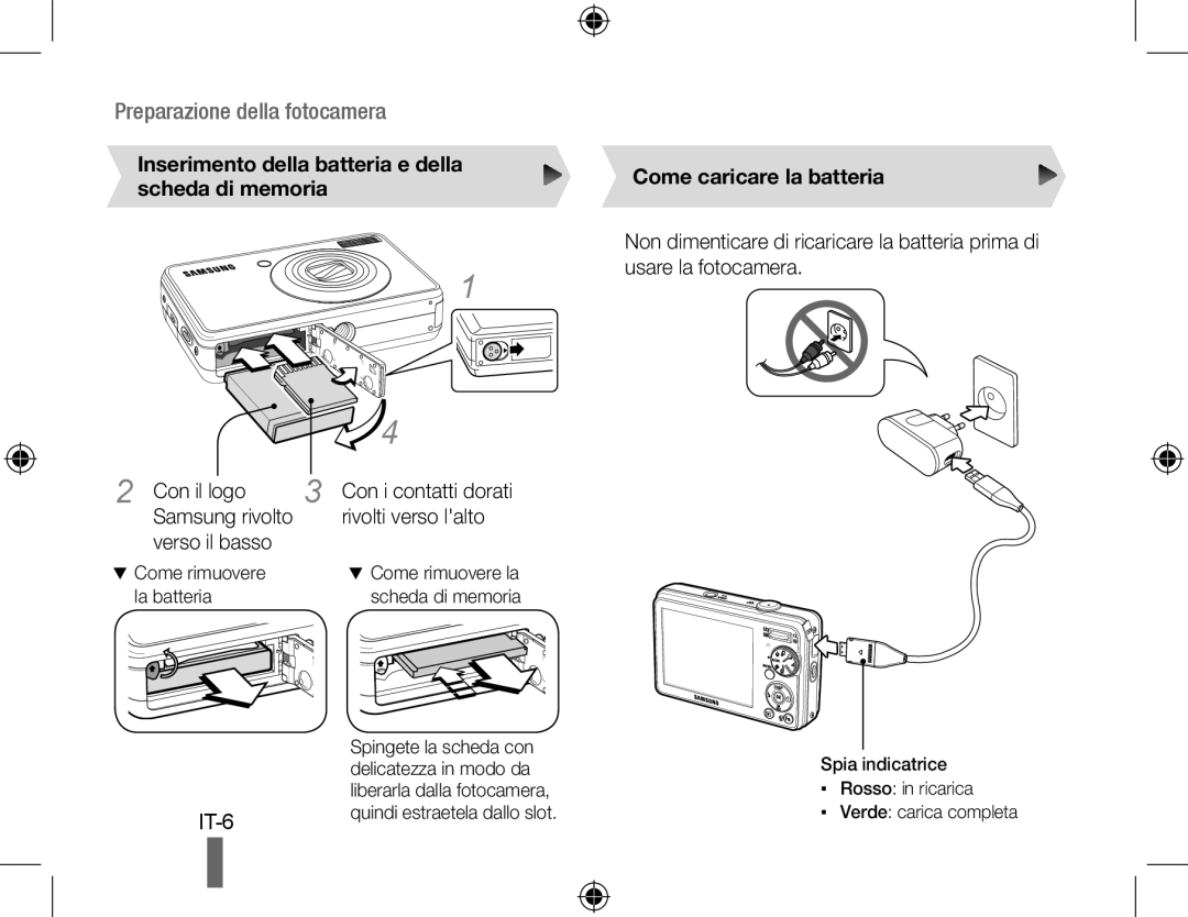 Samsung EC-PL60ZABP/RU, EC-PL60ZPBP/FR manual Preparazione della fotocamera, Con i contatti dorati rivolti verso lalto 