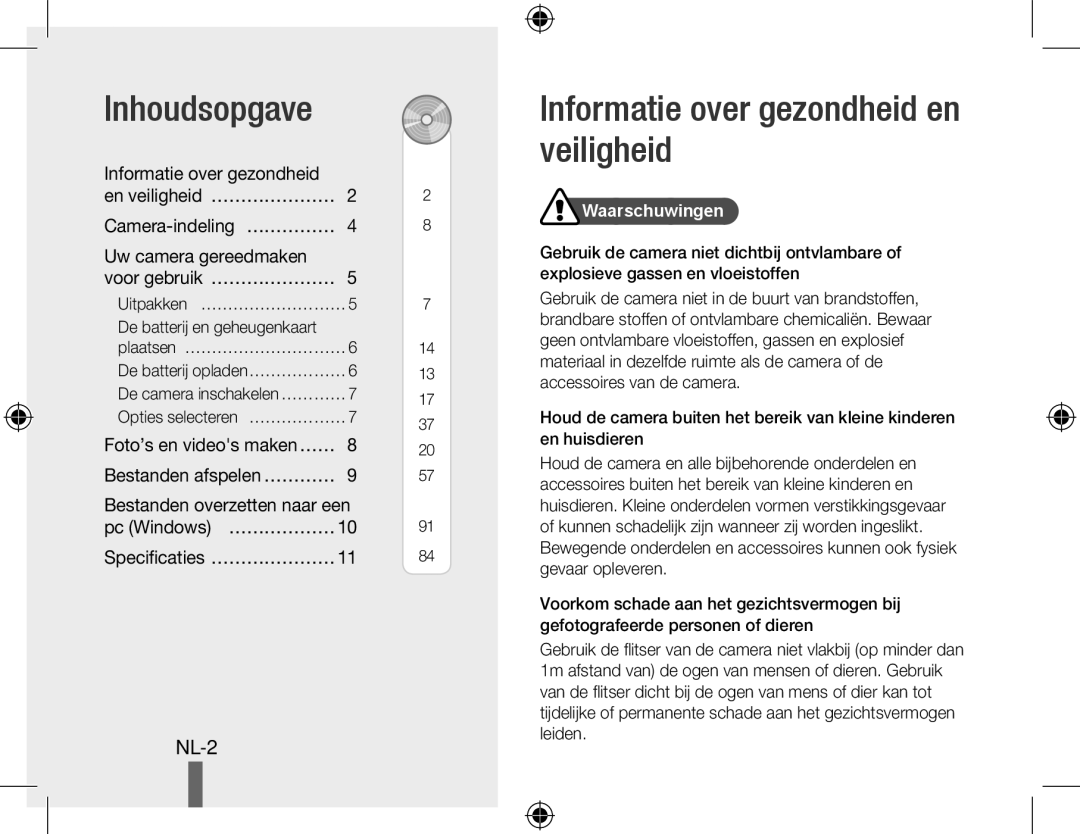 Samsung EC-PL60ZOBP/FR, EC-PL60ZPBP/FR manual Inhoudsopgave, Informatie over gezondheid en veiligheid, Waarschuwingen 