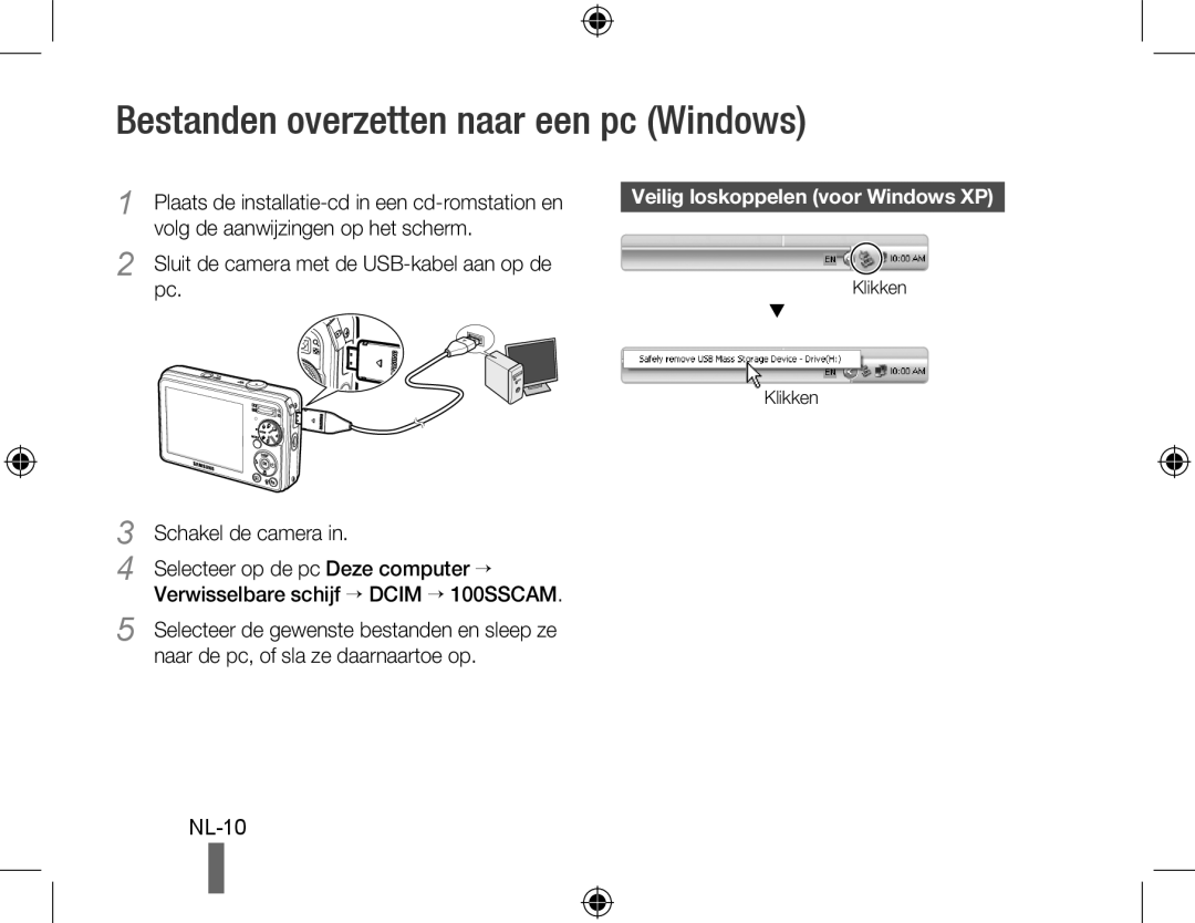 Samsung EC-PL60ZSBP/E1 manual Bestanden overzetten naar een pc Windows, Sluit de camera met de USB-kabel aan op de pc 