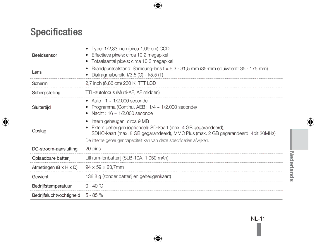 Samsung EC-PL60ZABP/E1, EC-PL60ZPBP/FR, EC-PL60ZBBP/FR, EC-PL60ZSBP/FR, EC-PL60ZABP/FR, EC-PL60ZOBP/FR manual Specificaties 