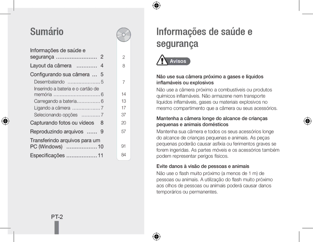 Samsung EC-PL60ZPBP/ME manual Sumário, Informações de saúde e segurança, Layout da câmera… ………… Configurando sua câmera… … 