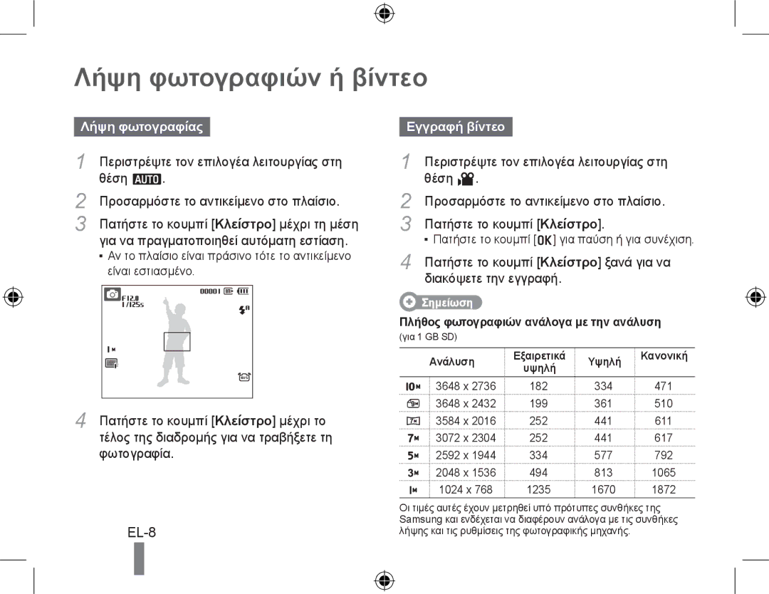 Samsung EC-PL60ZSBP/E1, EC-PL60ZPBP/FR, EC-PL60ZBBP/FR manual Λήψη φωτογραφιών ή βίντεο, Λήψη φωτογραφίας, Εγγραφή βίντεο 