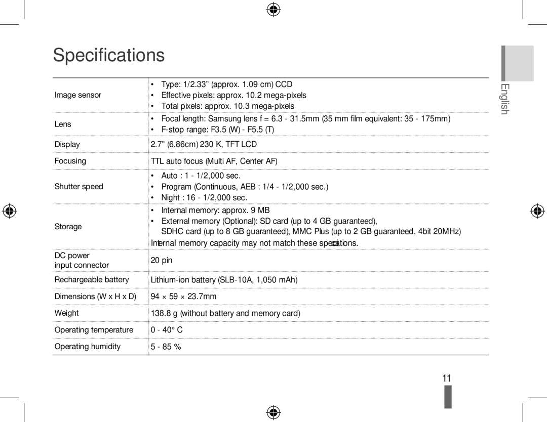 Samsung EC-PL60ZBBP/E1, EC-PL60ZPBP/FR, EC-PL60ZBBP/FR, EC-PL60ZSBP/FR, EC-PL60ZABP/FR, EC-PL60ZOBP/FR manual Specifications 