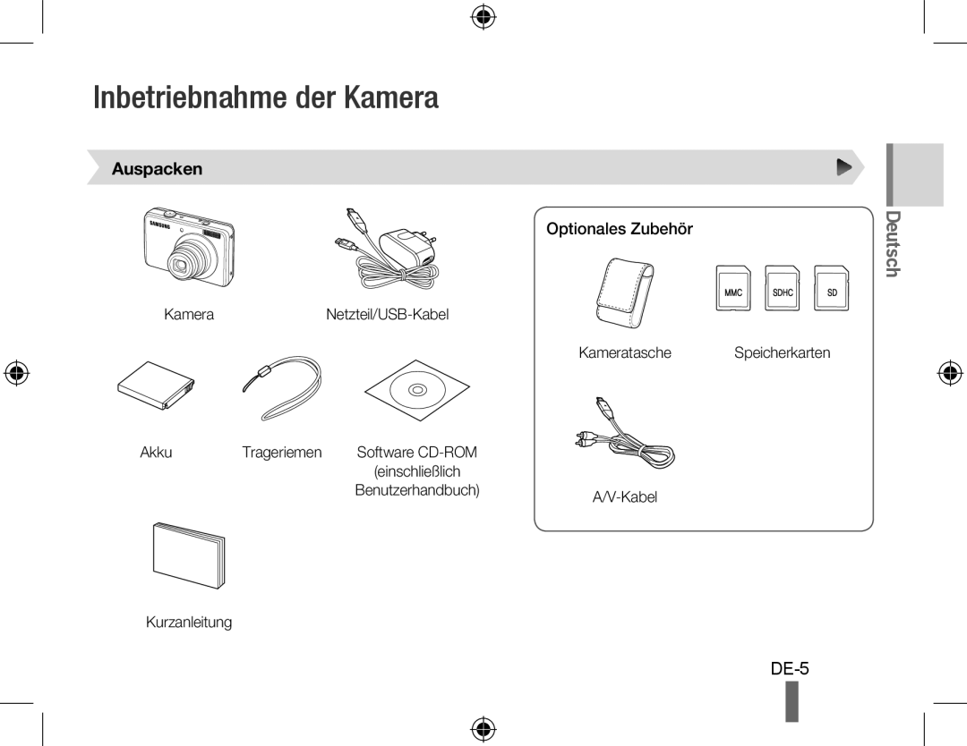 Samsung EC-PL60ZEBP/SA, EC-PL60ZPBP/FR, EC-PL60ZBBP/FR manual Inbetriebnahme der Kamera, Auspacken, Optionales Zubehör 