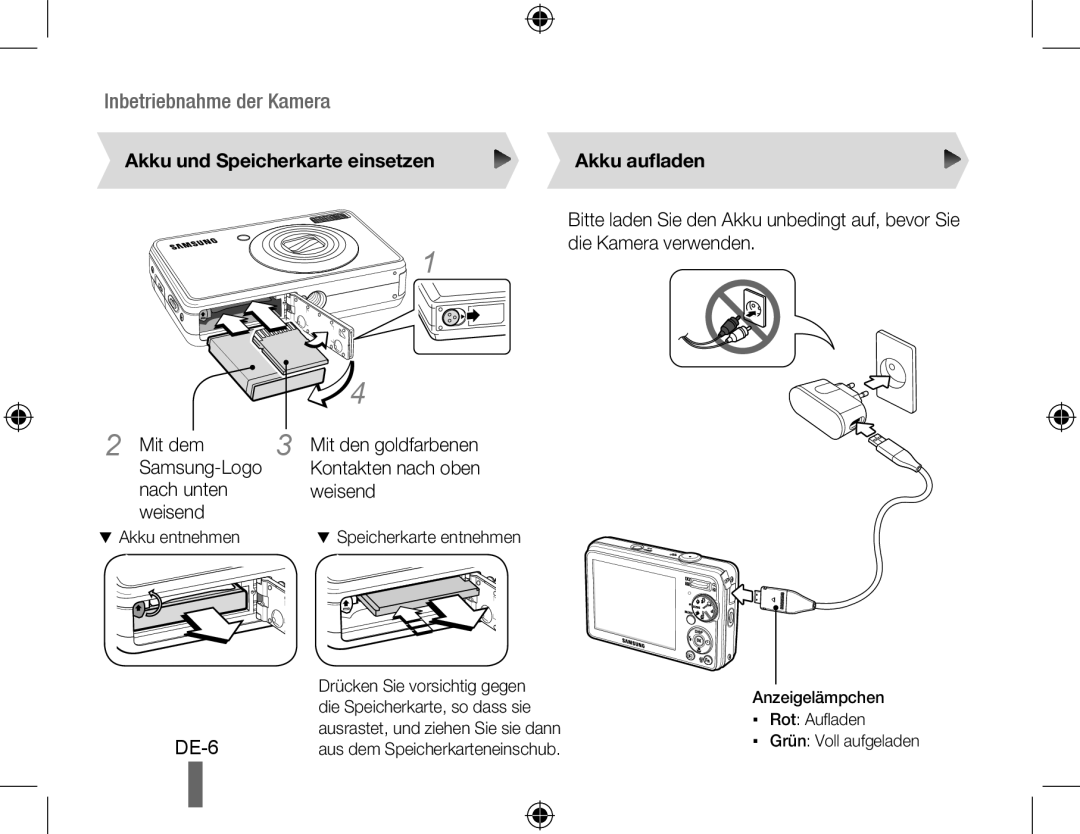 Samsung EC-PL60ZABP/ME, EC-PL60ZPBP/FR manual Inbetriebnahme der Kamera, Akku und Speicherkarte einsetzen Akku aufladen 