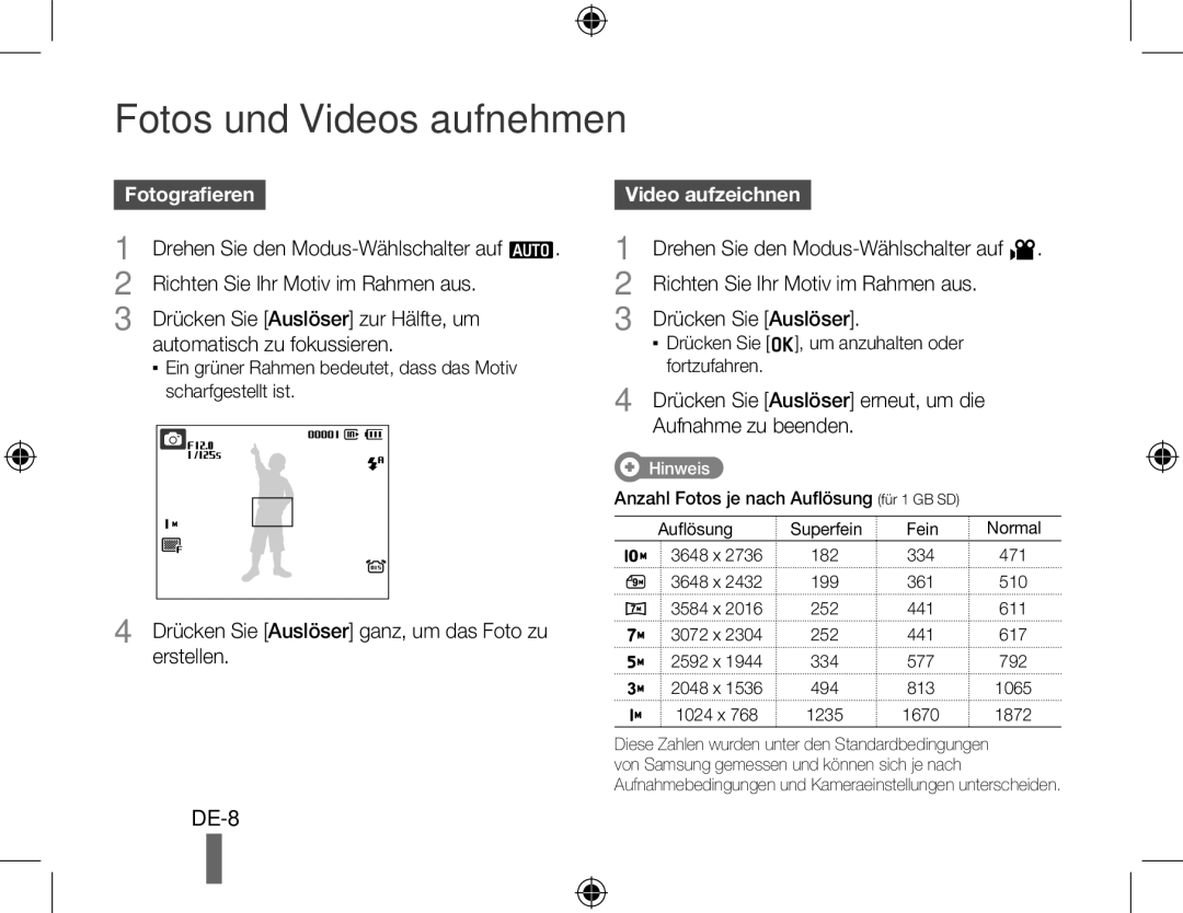 Samsung EC-PL60ZOBP/SA, EC-PL60ZPBP/FR, EC-PL60ZBBP/FR, EC-PL60ZSBP/FR, EC-PL60ZABP/FR manual Fotografieren, Video aufzeichnen 