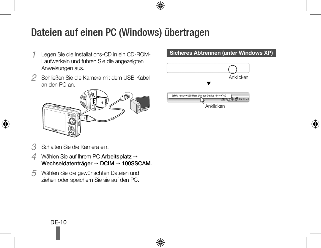 Samsung EC-PL60ZSBP/SA, EC-PL60ZPBP/FR Dateien auf einen PC Windows übertragen, DE-10, Sicheres Abtrennen unter Windows XP 