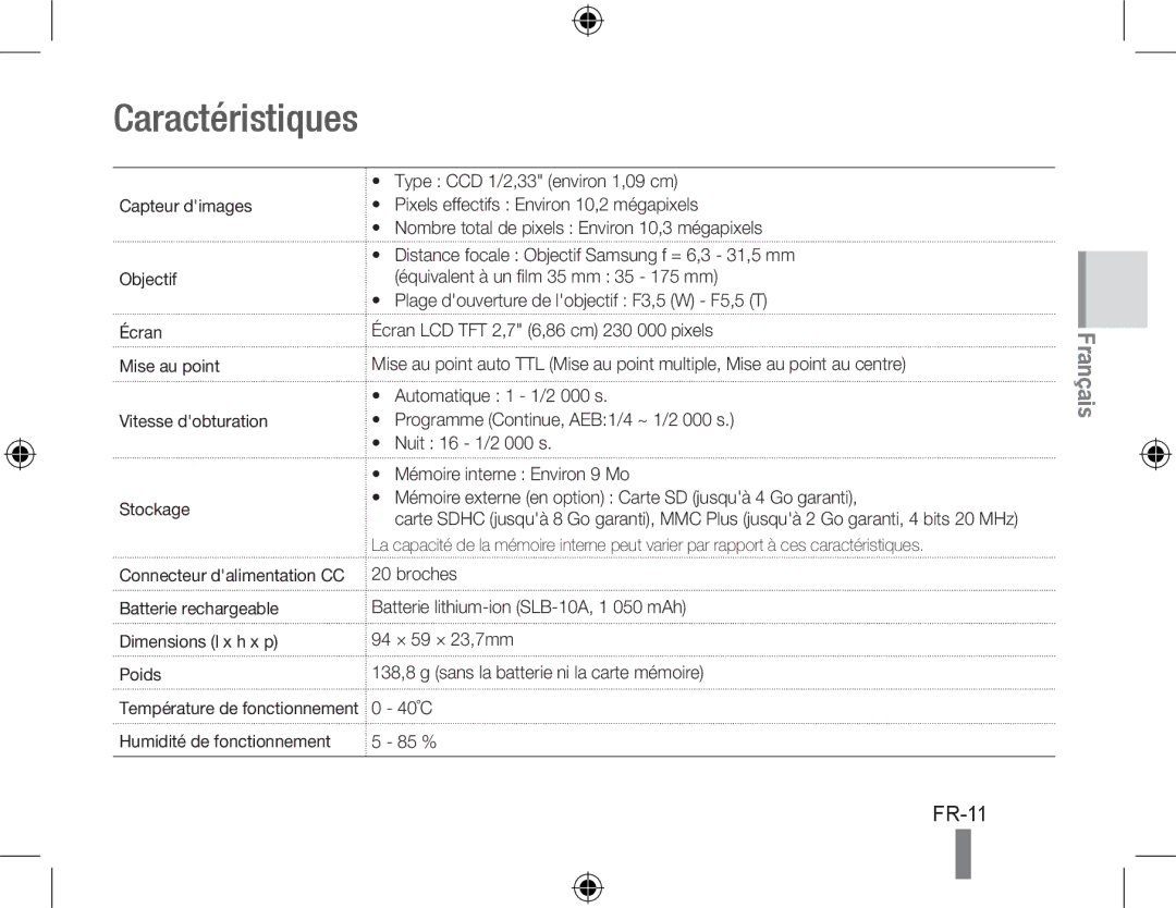 Samsung EC-PL60ZBBP/VN, EC-PL60ZPBP/FR, EC-PL60ZBBP/FR, EC-PL60ZSBP/FR, EC-PL60ZABP/FR, EC-PL60ZOBP/FR Caractéristiques, FR-11 