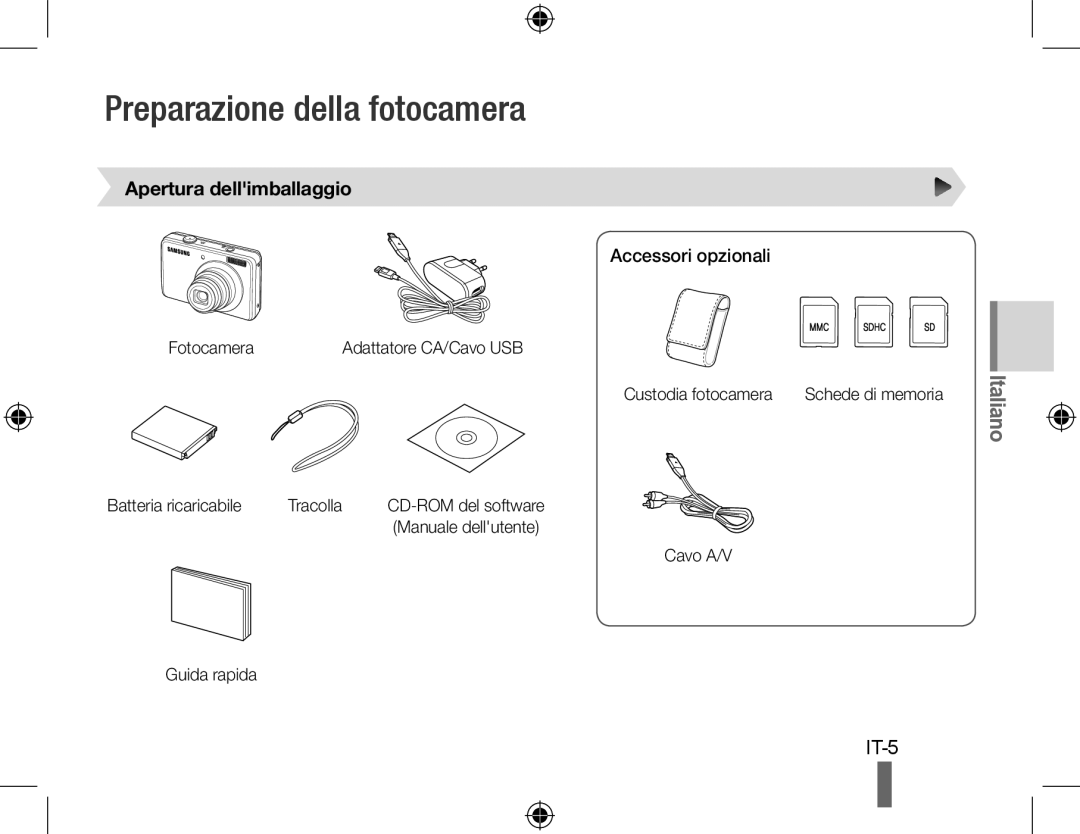 Samsung EC-PL60ZSBP/E3, EC-PL60ZPBP/FR manual Preparazione della fotocamera, Apertura dellimballaggio, Accessori opzionali 