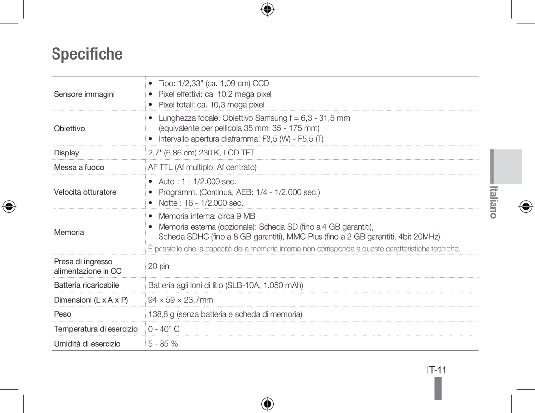 Samsung EC-PL60ZPBP/RU, EC-PL60ZPBP/FR, EC-PL60ZBBP/FR, EC-PL60ZSBP/FR, EC-PL60ZABP/FR, EC-PL60ZOBP/FR manual Specifiche, IT-11 