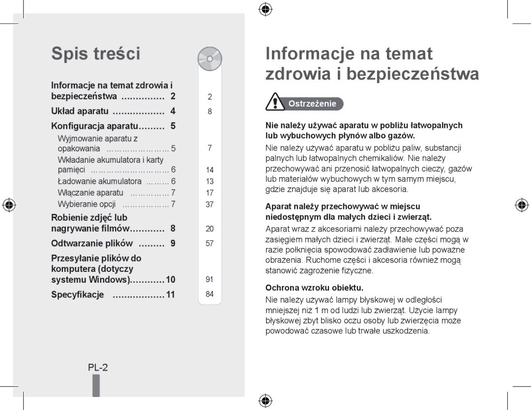 Samsung EC-PL60ZNBP/RU, EC-PL60ZPBP/FR manual Spis treści, Informacje na temat zdrowia i bezpieczeństwa, Pl-, Ostrzeżenie 