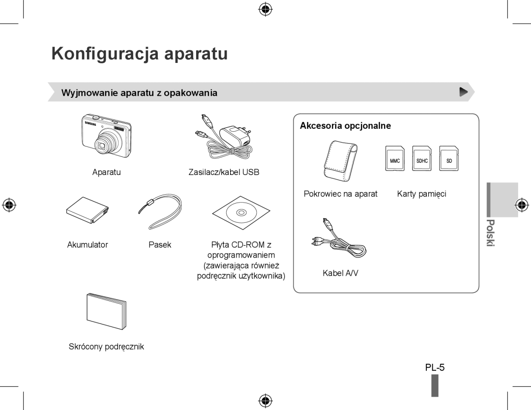 Samsung EC-PL60ZBBP/RU, EC-PL60ZPBP/FR manual Konfiguracja aparatu, Wyjmowanie aparatu z opakowania Akcesoria opcjonalne 