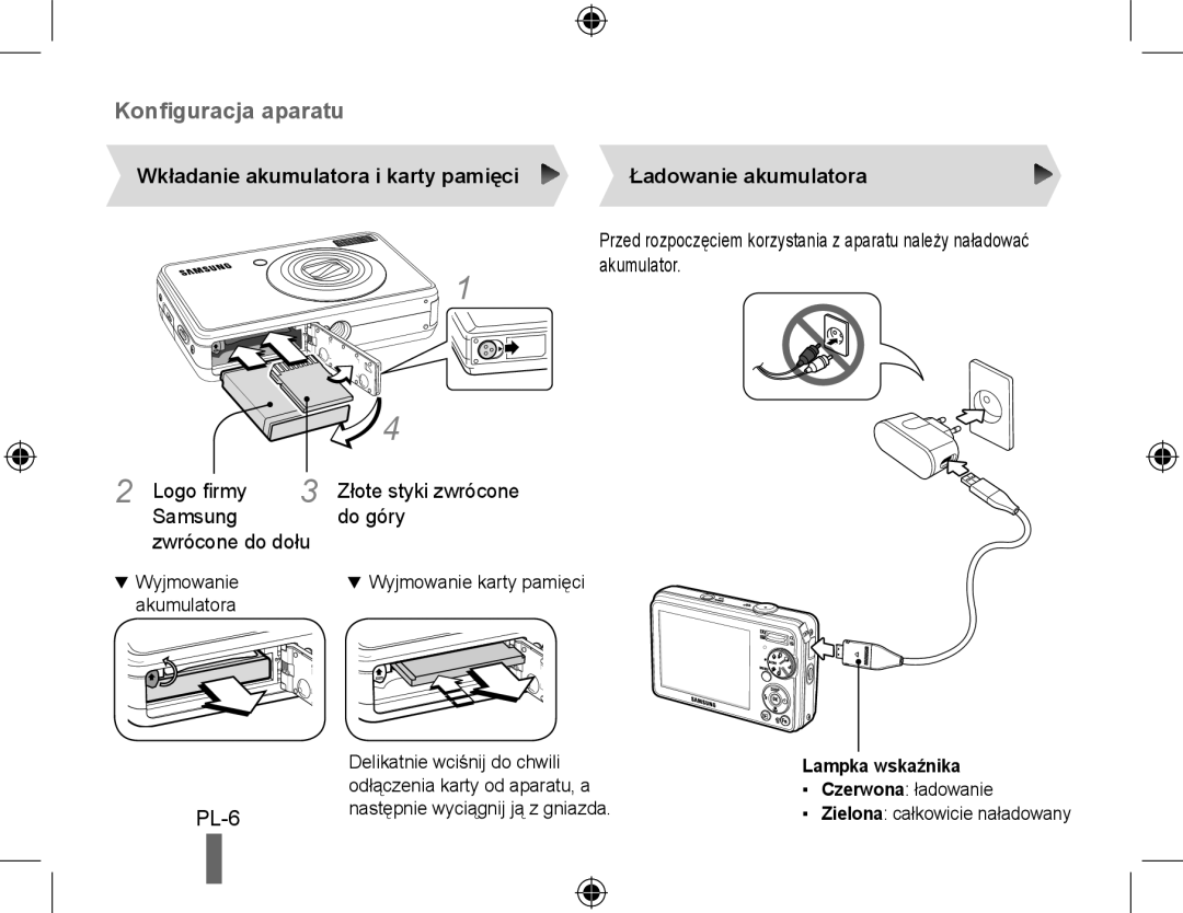 Samsung EC-PL60ZABP/RU manual Wkładanie akumulatora i karty pamięci Ładowanie akumulatora, Akumulator, Lampka wskaźnika 