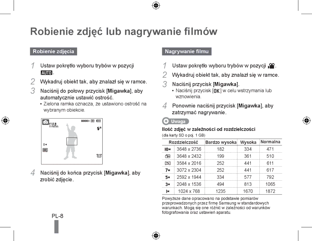 Samsung EC-PL60ZPBP/FR, EC-PL60ZBBP/FR manual Robienie zdjęć lub nagrywanie filmów, Robienie zdjęcia, Nagrywanie filmu 