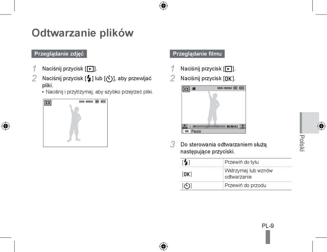 Samsung EC-PL60ZBBP/FR Odtwarzanie plików, Przeglądanie filmu, Do sterowania odtwarzaniem służą, Następujące przyciski 