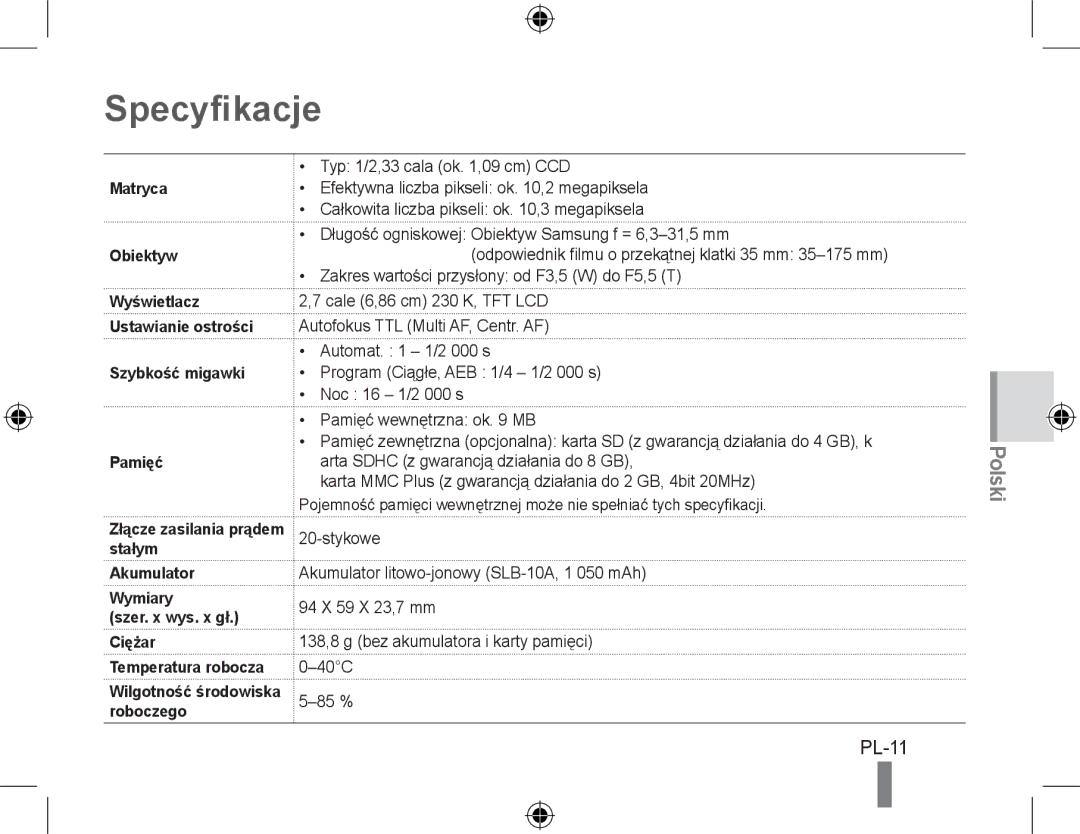 Samsung EC-PL60ZABP/FR, EC-PL60ZPBP/FR, EC-PL60ZBBP/FR, EC-PL60ZSBP/FR, EC-PL60ZOBP/FR, EC-PL60ZPBP/IT Specyfikacje, PL-11 