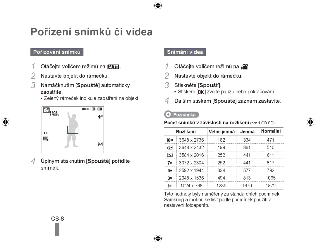 Samsung EC-PL60ZPBP/E1, EC-PL60ZPBP/FR, EC-PL60ZBBP/FR manual Pořízení snímků či videa, Pořizování snímků, Snímání videa 