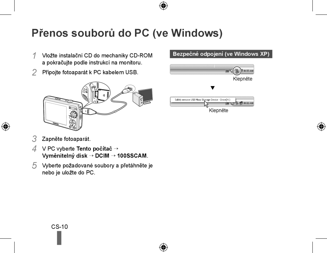 Samsung EC-PL60ZSBP/E1, EC-PL60ZPBP/FR manual Přenos souborů do PC ve Windows, CS-10, Bezpečné odpojení ve Windows XP 