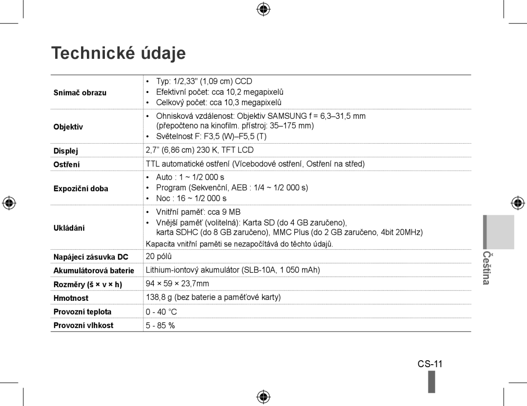 Samsung EC-PL60ZABP/E1, EC-PL60ZPBP/FR, EC-PL60ZBBP/FR, EC-PL60ZSBP/FR, EC-PL60ZABP/FR, EC-PL60ZOBP/FR Technické údaje, CS-11 