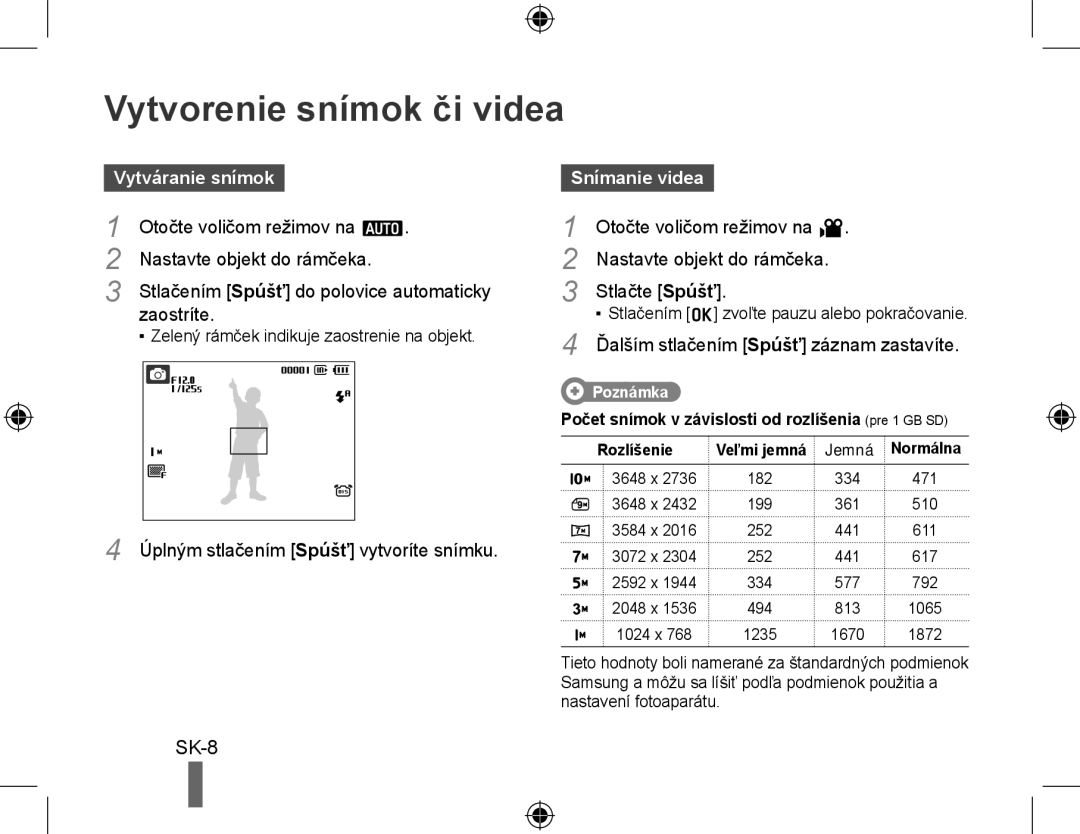 Samsung EC-PL60ZSBP/SA, EC-PL60ZPBP/FR, EC-PL60ZBBP/FR manual Vytvorenie snímok či videa, Vytváranie snímok, Snímanie videa 