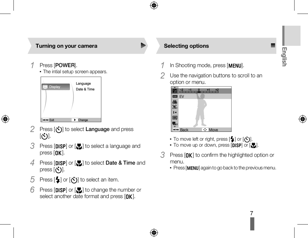 Samsung EC-PL60ZSBP/IT, EC-PL60ZPBP/FR, EC-PL60ZBBP/FR, EC-PL60ZSBP/FR manual Turning on your camera, Selecting options 