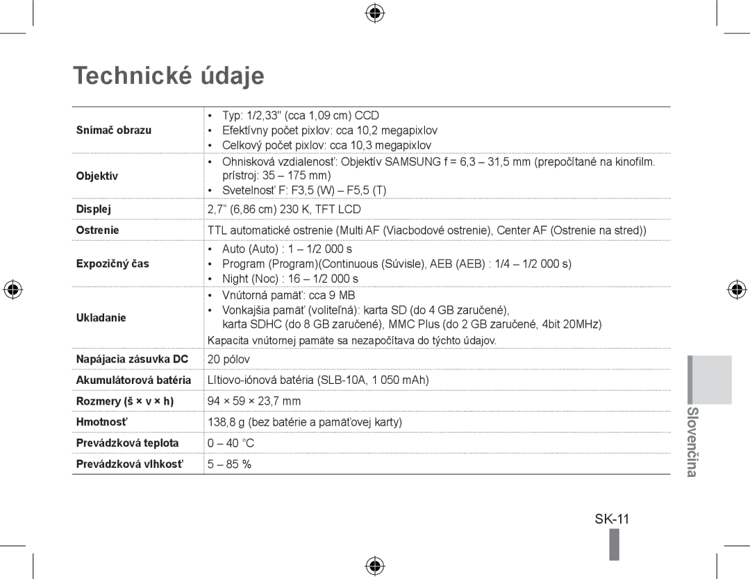 Samsung EC-PL60ZODP/ME, EC-PL60ZPBP/FR, EC-PL60ZBBP/FR, EC-PL60ZSBP/FR, EC-PL60ZABP/FR, EC-PL60ZOBP/FR Technické údaje, SK-11 