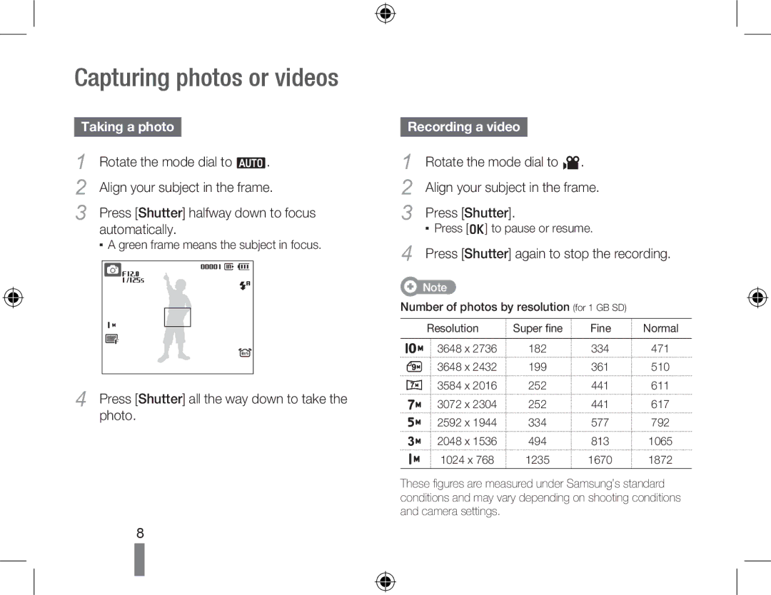 Samsung EC-PL60ZSBA/IT, EC-PL60ZPBP/FR, EC-PL60ZBBP/FR manual Capturing photos or videos, Taking a photo, Recording a video 