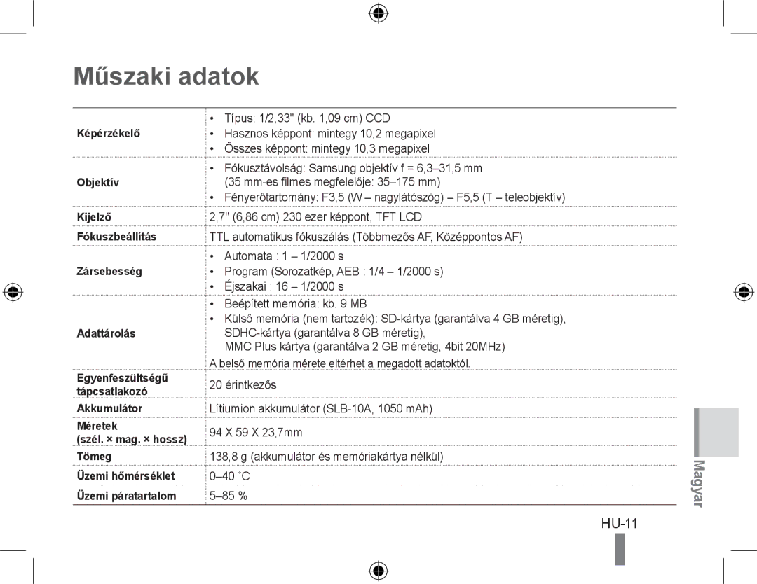 Samsung EC-PL60ZBBP/E3, EC-PL60ZPBP/FR, EC-PL60ZBBP/FR, EC-PL60ZSBP/FR, EC-PL60ZABP/FR Műszaki adatok, HU-11, Képérzékelő 