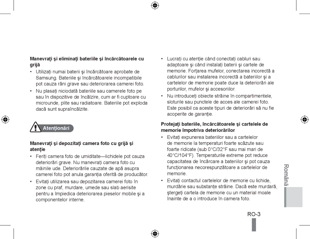 Samsung EC-PL60ZSBP/E3, EC-PL60ZPBP/FR manual Manevraţi şi eliminaţi bateriile şi încărcătoarele cu grijă, Atenţionări 