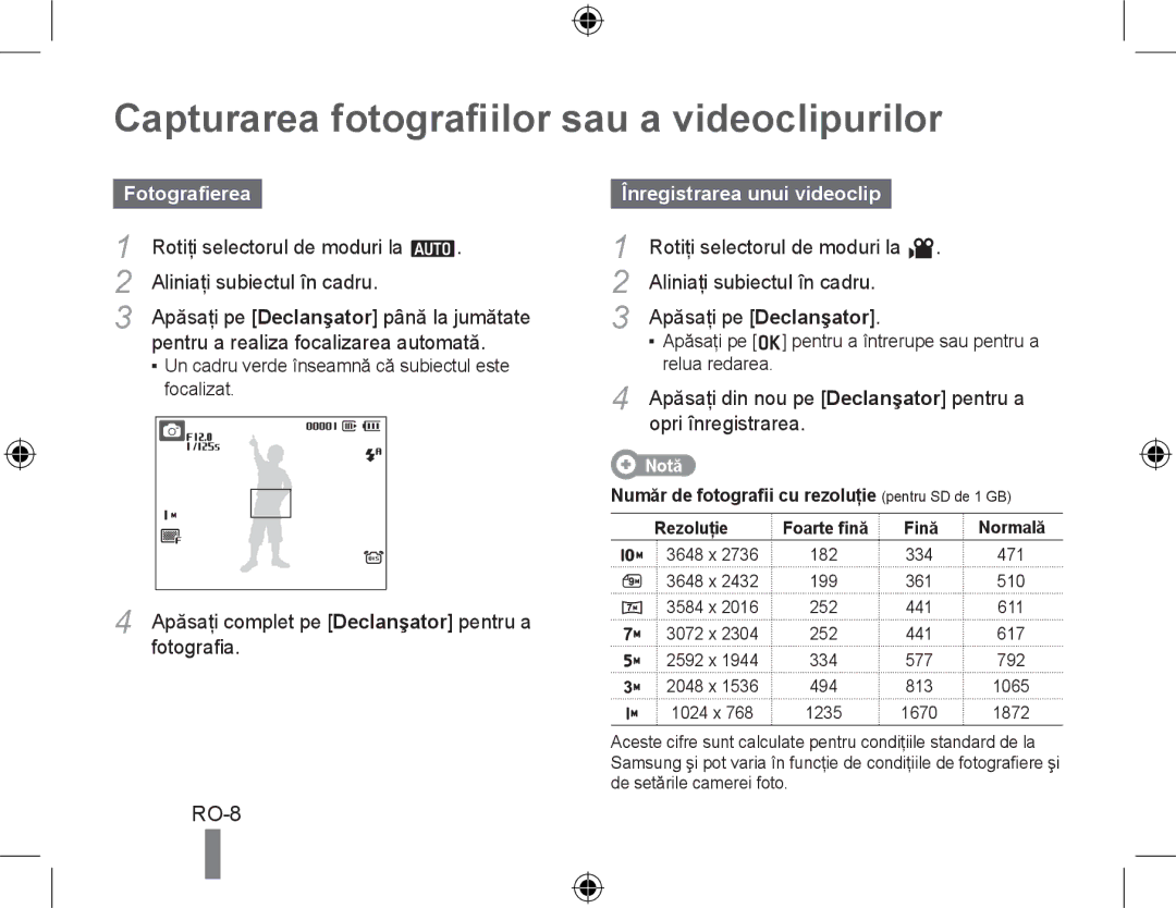 Samsung EC-PL60ZSBP/E2 manual Capturarea fotografiilor sau a videoclipurilor, Fotografierea, Înregistrarea unui videoclip 