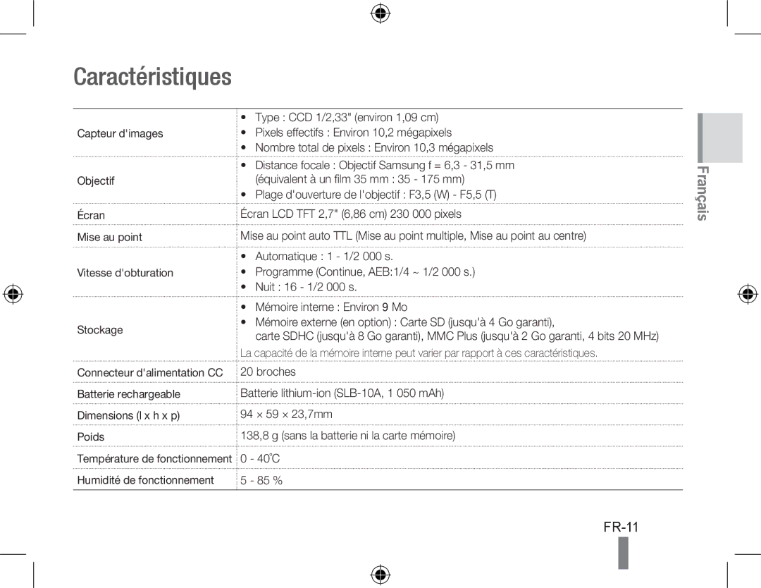 Samsung EC-PL60ZSDP/ME, EC-PL60ZPBP/FR, EC-PL60ZBBP/FR, EC-PL60ZSBP/FR, EC-PL60ZABP/FR, EC-PL60ZOBP/FR Caractéristiques, FR-11 