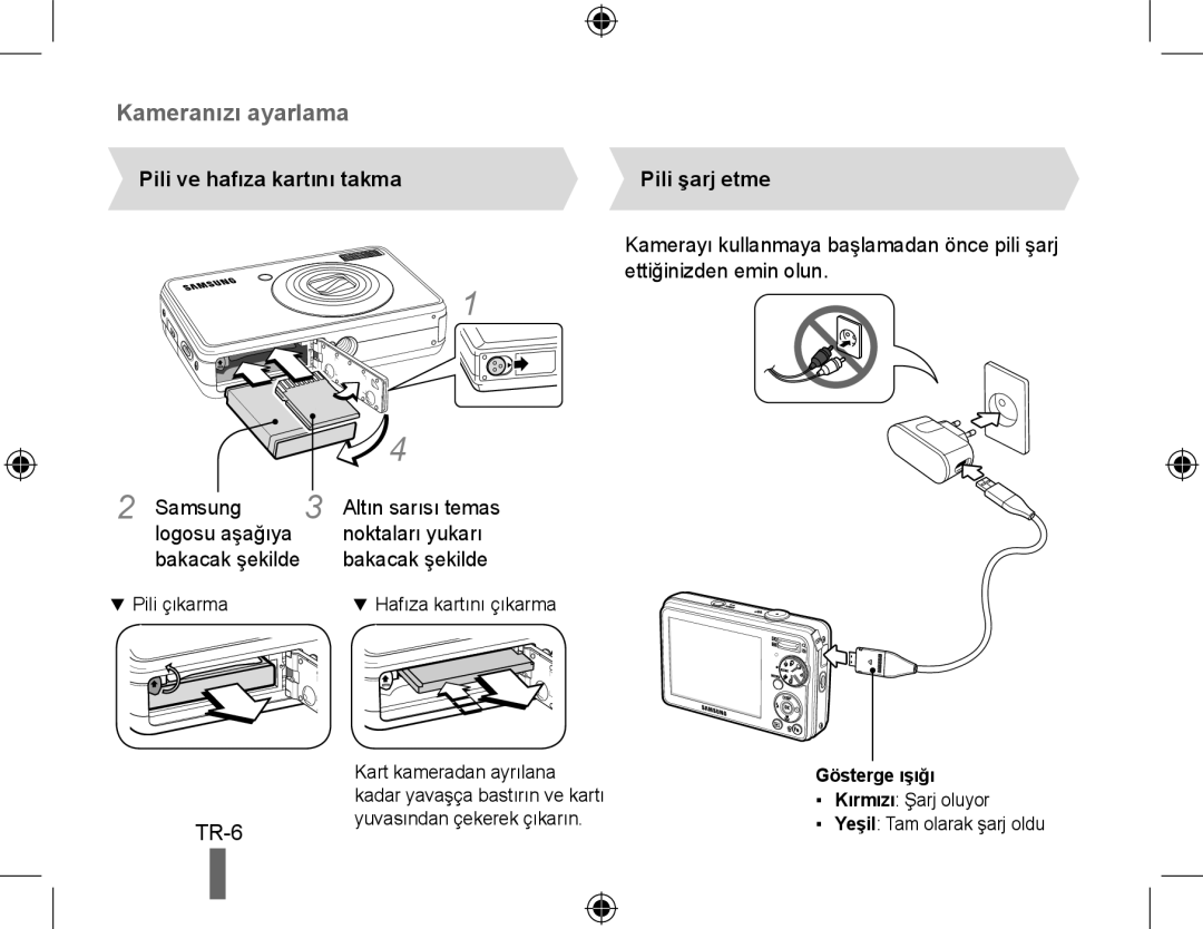 Samsung EC-PL60ZPBP/VN Pili ve hafıza kartını takma, Bakacak şekilde, Altın sarısı temas noktaları yukarı bakacak şekilde 