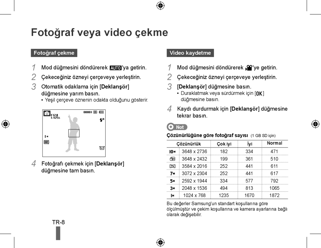 Samsung EC-PL60ZEBP/VN, EC-PL60ZPBP/FR, EC-PL60ZBBP/FR manual Fotoğraf veya video çekme, Fotoğraf çekme, Video kaydetme 