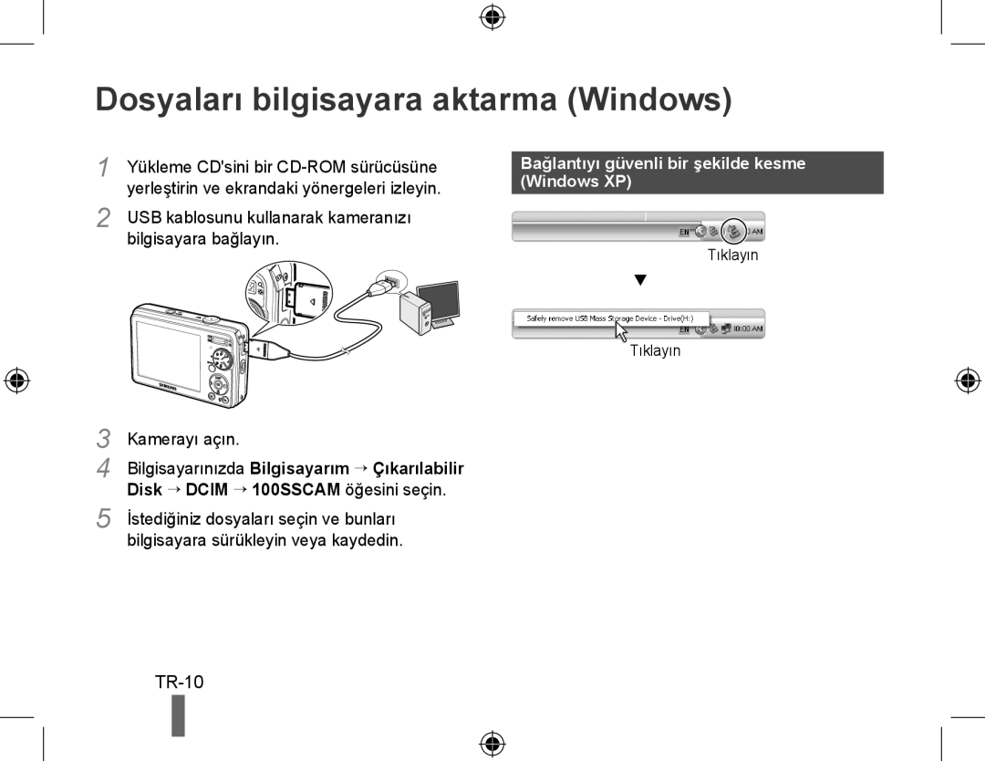 Samsung EC-PL60ZABP/VN manual Dosyaları bilgisayara aktarma Windows, TR-10, Bağlantıyı güvenli bir şekilde kesme Windows XP 