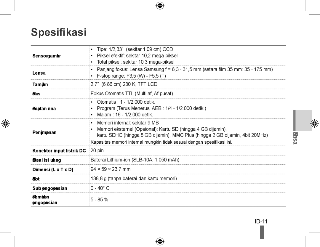 Samsung EC-PL60ZABP/FR, EC-PL60ZPBP/FR Spesifikasi, ID-11, Sensor gambar Lensa, Tampilan Fokus Kecepatan rana Penyimpanan 