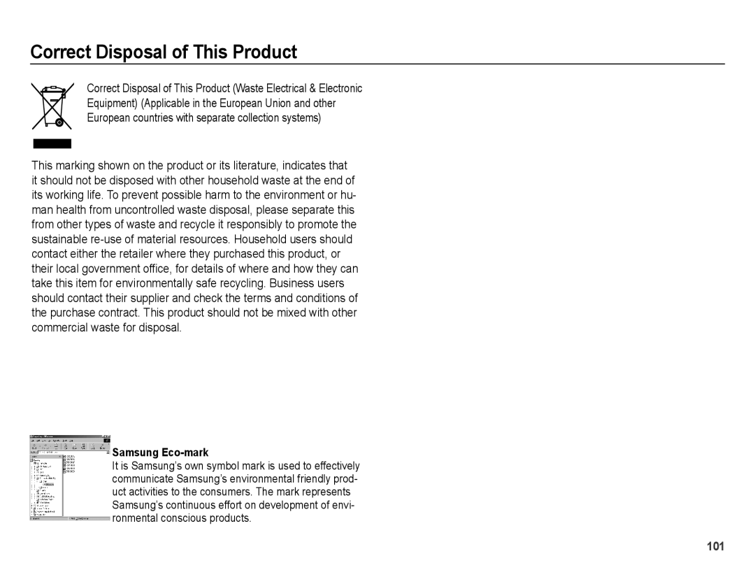 Samsung EC-PL60ZABP/IT, EC-PL60ZPBP/FR, EC-PL60ZBBP/FR, EC-PL60ZSBP/FR Correct Disposal of This Product, Samsung Eco-mark 