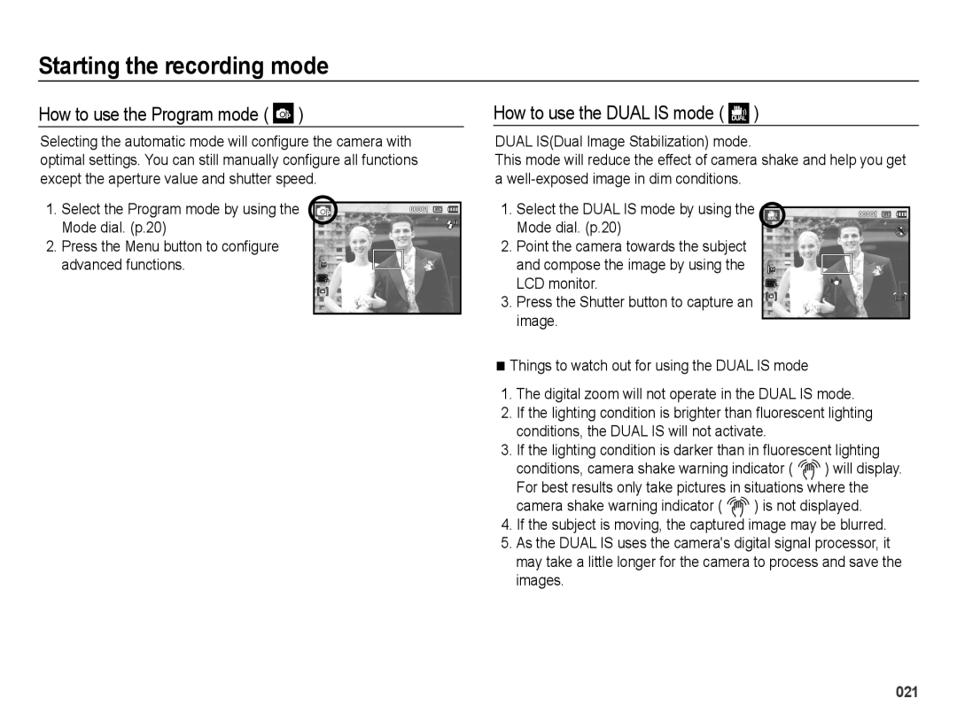 Samsung EC-PL60ZBBP/ME, EC-PL60ZPBP/FR, EC-PL60ZBBP/FR manual How to use the Program mode, How to use the Dual is mode 